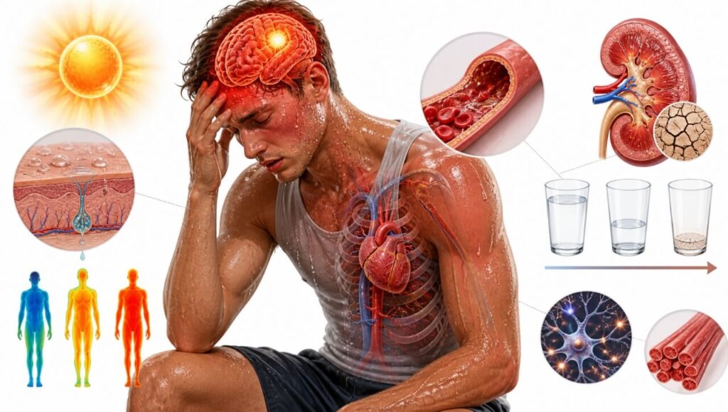 Heatstroke aur dehydration ka sharer ke mukhya angon par asar.