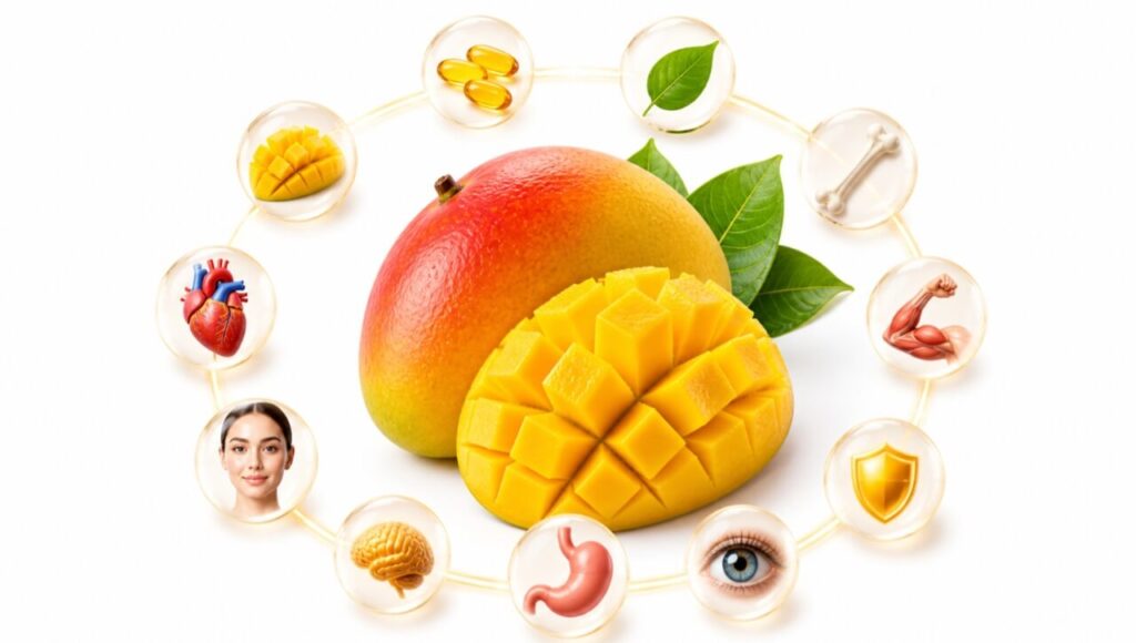 Aam mein maujood vitamins aur antioxidants ka chart.